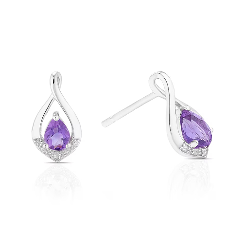 Sterling Silver Diamond & Pear Amethyst Drop Earrings