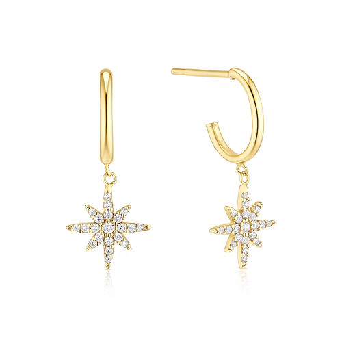 9ct Yellow Gold Cubic Zirconia North Star Drop Hoop Earrings