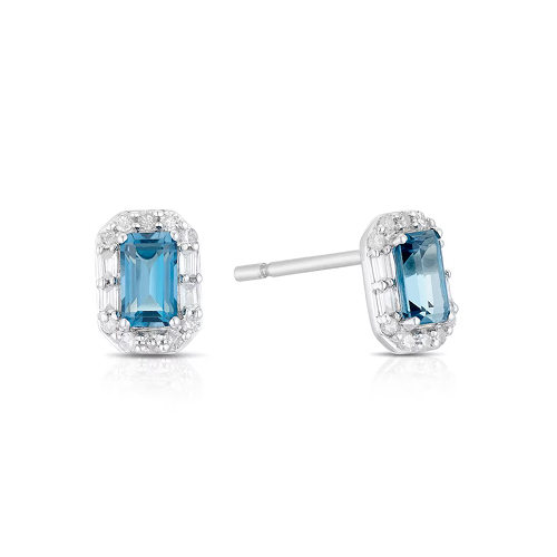 Sterling Silver Baguette London Blue Topaz & 0.15ct Diamond Halo Stud Earrings Sterling Silver Baguette London Blue Topaz & 0.15ct Diamond Halo Stud Earrings