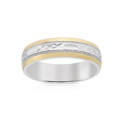 Men's Sterling Silver & 9ct Yellow Gold 6mm Patterned Wedding Ring