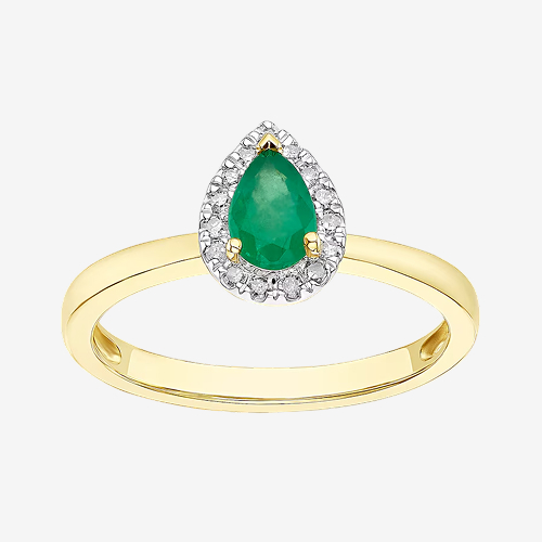 9ct Yellow Gold Diamond & Emerald Pear Ring