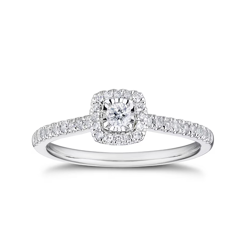 Engagement Ring 9ct White Gold Illusion Set Cushion Shaped Halo 0.25ct Diamond Ring