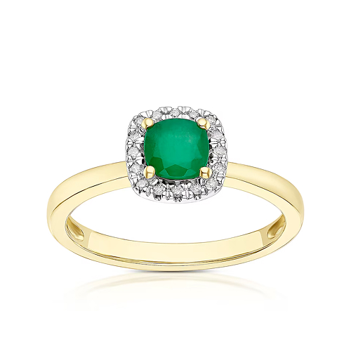 Engagement Ring 9ct Yellow Gold Diamond & Emerald Cushion Ring
