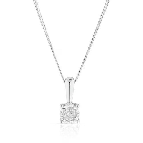 9ct White Gold Diamond Illusion Set Soltaire Pendant & Earrings