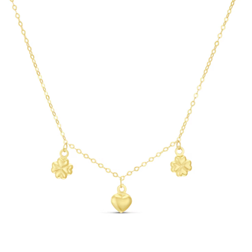 9ct Yellow Gold Heart & Clover Charm Necklace