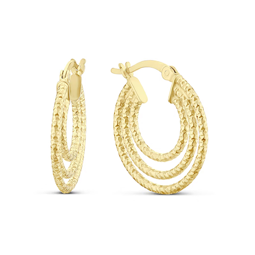 Sterling Silver Yellow Gold Plated Triple Diamond Cut Tube Hoop Earrings 20mm