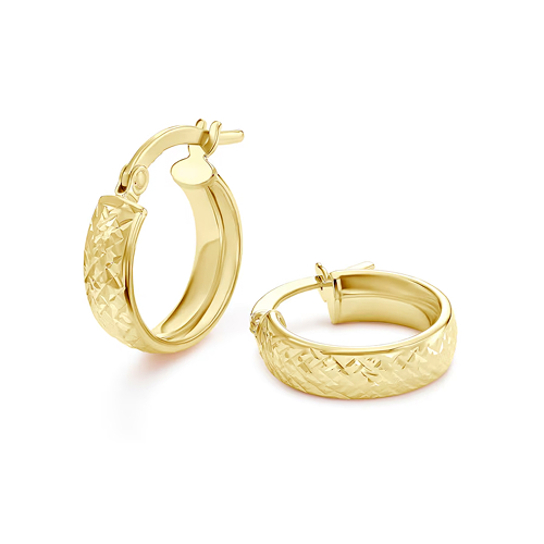 9ct Yellow Gold Diamond Cut Wide Hoop Earrings