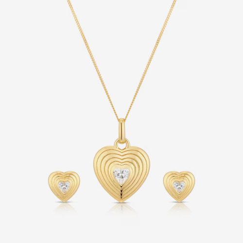 Sterling Silver Yellow Gold Plated Heart Cubic Zirconia Pendant & Earrings Set