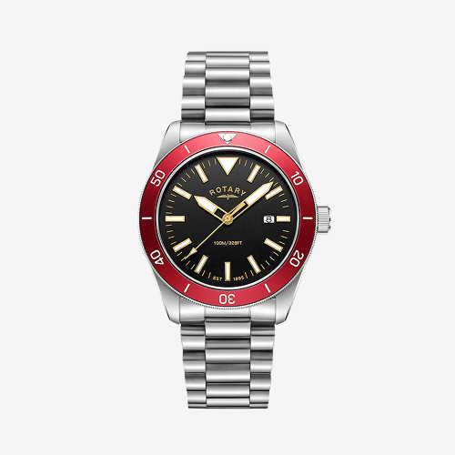 Rotary Men's Apex 10 Red Bezel & Black Dial Stainless Steel Bracelet Watch 