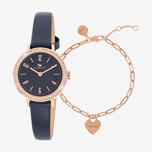 Radley Rose Tone Stone Set Navy Ink Strap Watch & 18ct Rose Gold Plated Heart Charm Bracelet Set