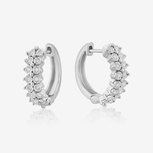 Sterling Silver Two Row 0.12ct Diamond Hoop Earrings