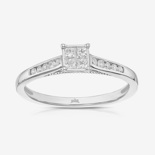 Princessa 9ct White Gold Square Cluster Stone Set Shoulders 0.25ct Diamond Ring