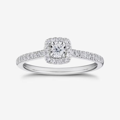 9ct White Gold Illusion Set Cushion Shaped Halo 0.25ct Diamond Ring