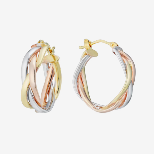 9ct 3 Colour Gold Braided 15mm Hoop Earrings