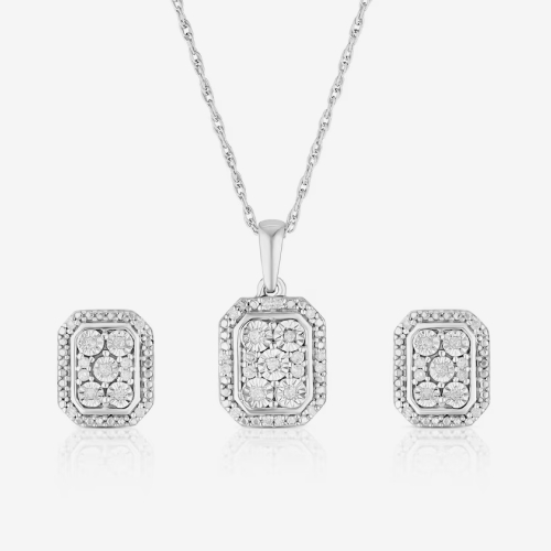 Sterling Silver 0.15ct Cushion Diamond Pendant & Stud Earrings Set