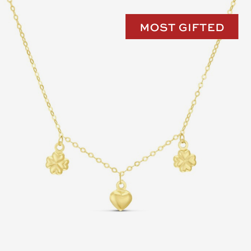 9ct Yellow Gold Heart & Clover Charm Necklace