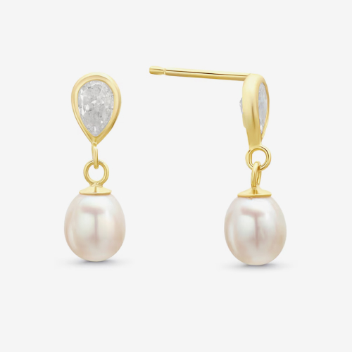9ct Yellow Gold Cultured Freshwater Pearl & Cubic Zirconia Teardrop Earrings
