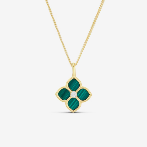 HS Edit ESSENTIALS Sterling Silver Yellow Gold Plated Flower Malachite & Cubic Zirconia Pendant Curb Chain Necklac