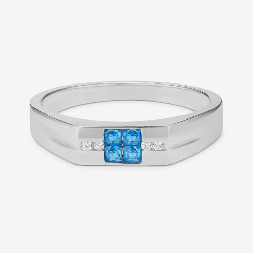 Men's Sterling Silver White & Blue Cubic Zirconia Signet Ring