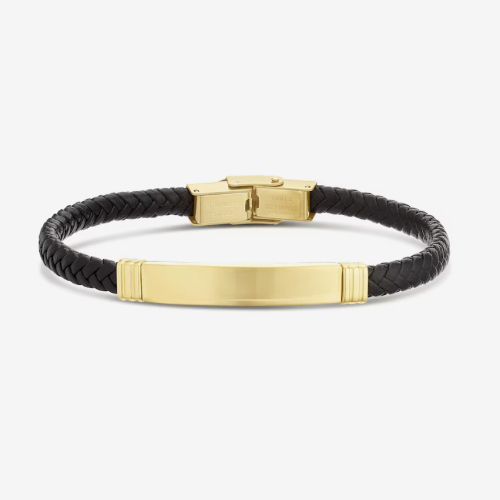 Men's Stainless Steel Gold IP & Black Leather Braided Bracelet