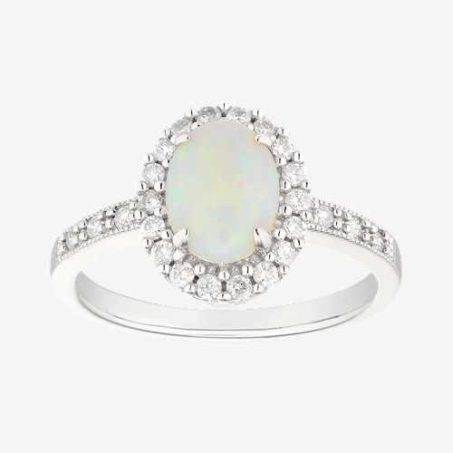 Engagement Ring 9ct White Gold Opal 0.25ct Diamond Halo Ring