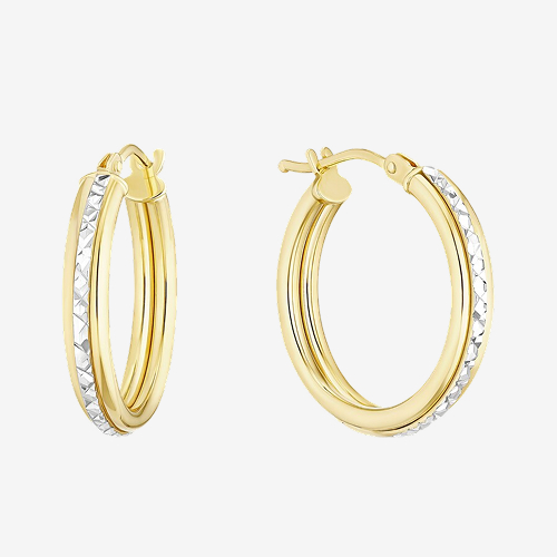 9ct Yellow & White Gold Diamond Cut Twist Hoop Earrings
