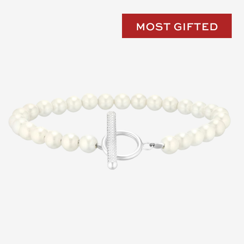 Sterling Silver Simulated Pearl & Cubic Zirconia T-Bar Bracelet