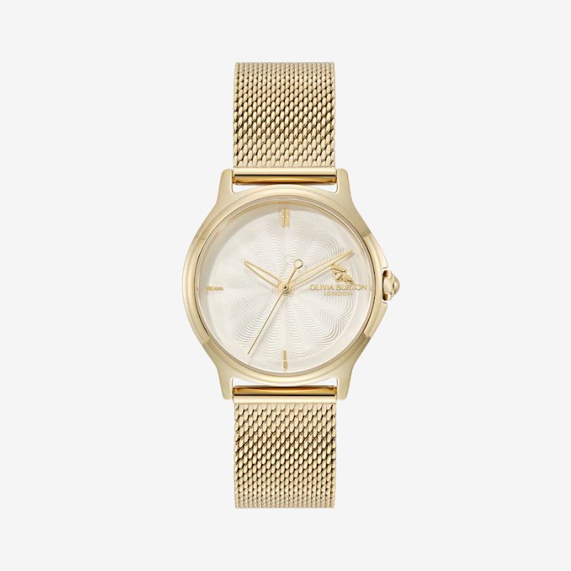 Olivia Burton Women's 30mm Classic Bee White Dial Gold IP Stainless Steel Mesh Bracelet Watch