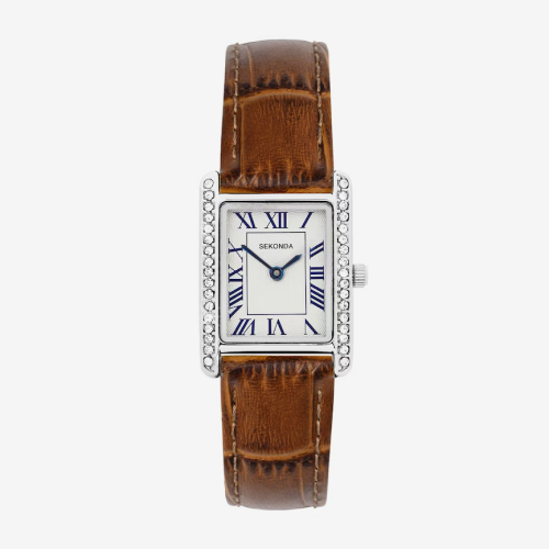 Sekonda Colette Women's Stone Set Silver Tone Dial Brown Leather Strap Watch