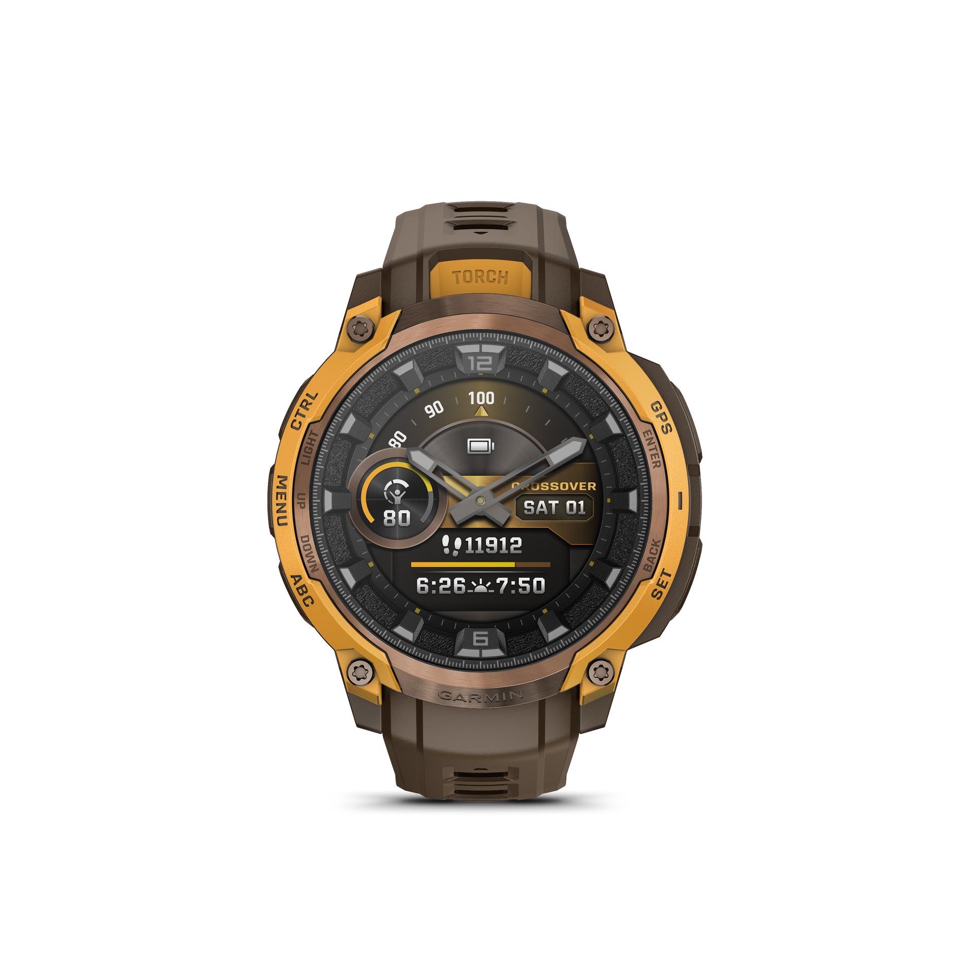 Garmin Instinct Crossover AMOLED Bronze Sunburst Dial Cocoa Silicone Strap Watch