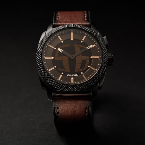 Fossil Men's Machine Big Tic Black Dial Brown Leather Strap Watch