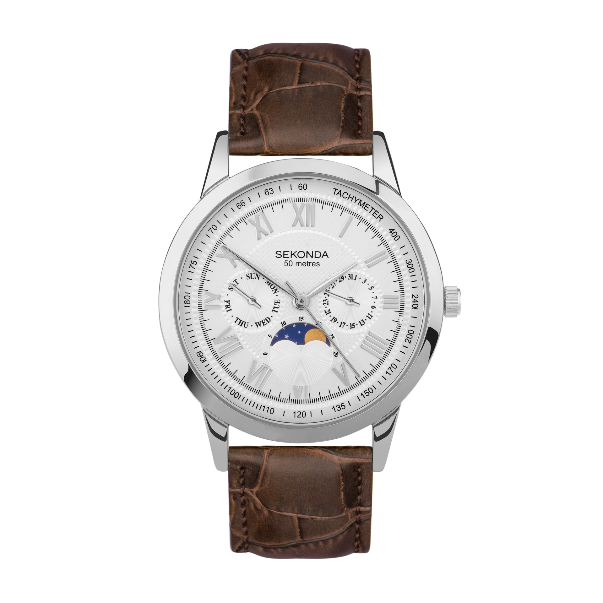 Moonphase Men’s White Dial and Brown Leather Watch