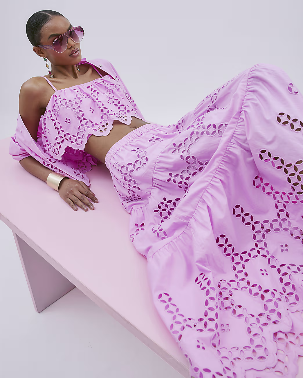 Pink Broderie Cutwork Midi Skirt