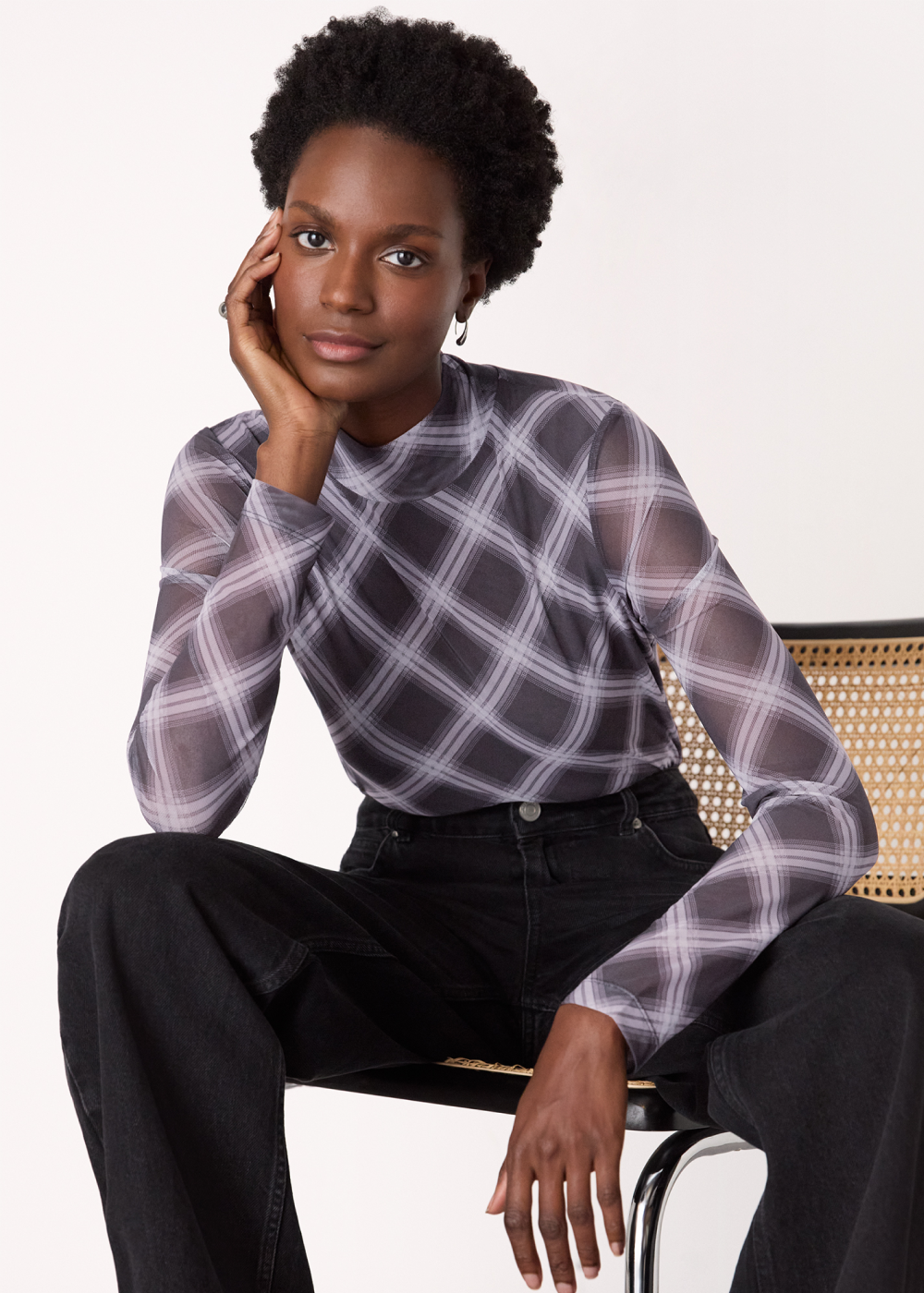 Burgundy Check Print Mesh Top
