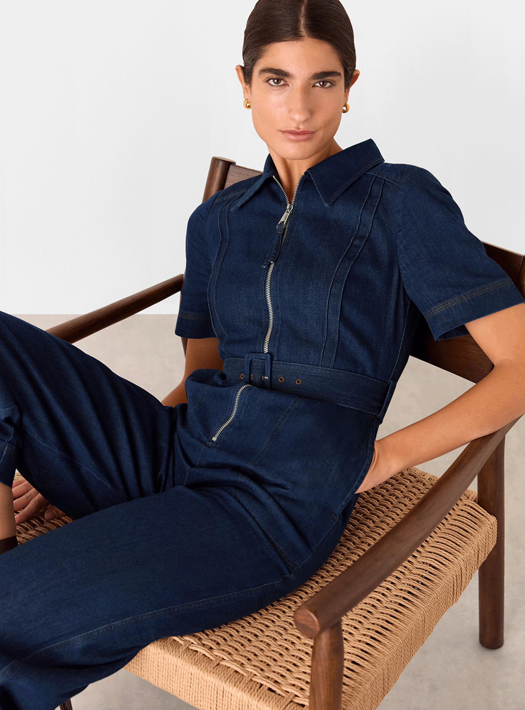 Denim Pintuck Belted Jumpsuit