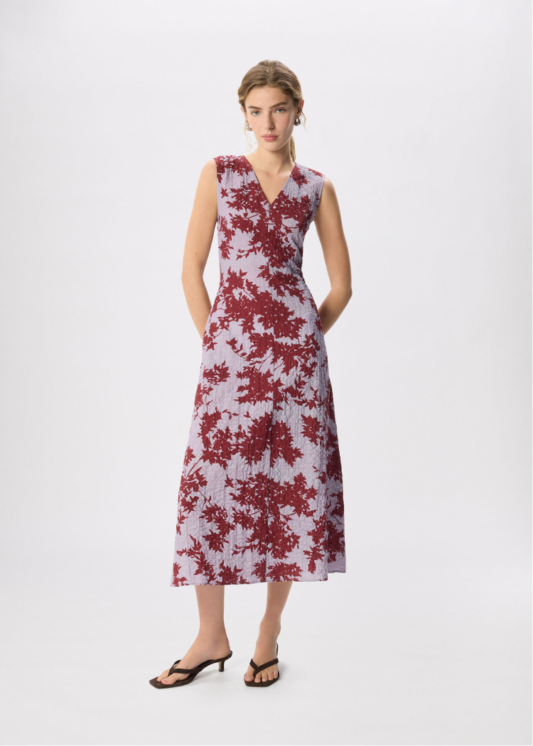 Purple Floral Print Textured Sleeveless Midi Dress