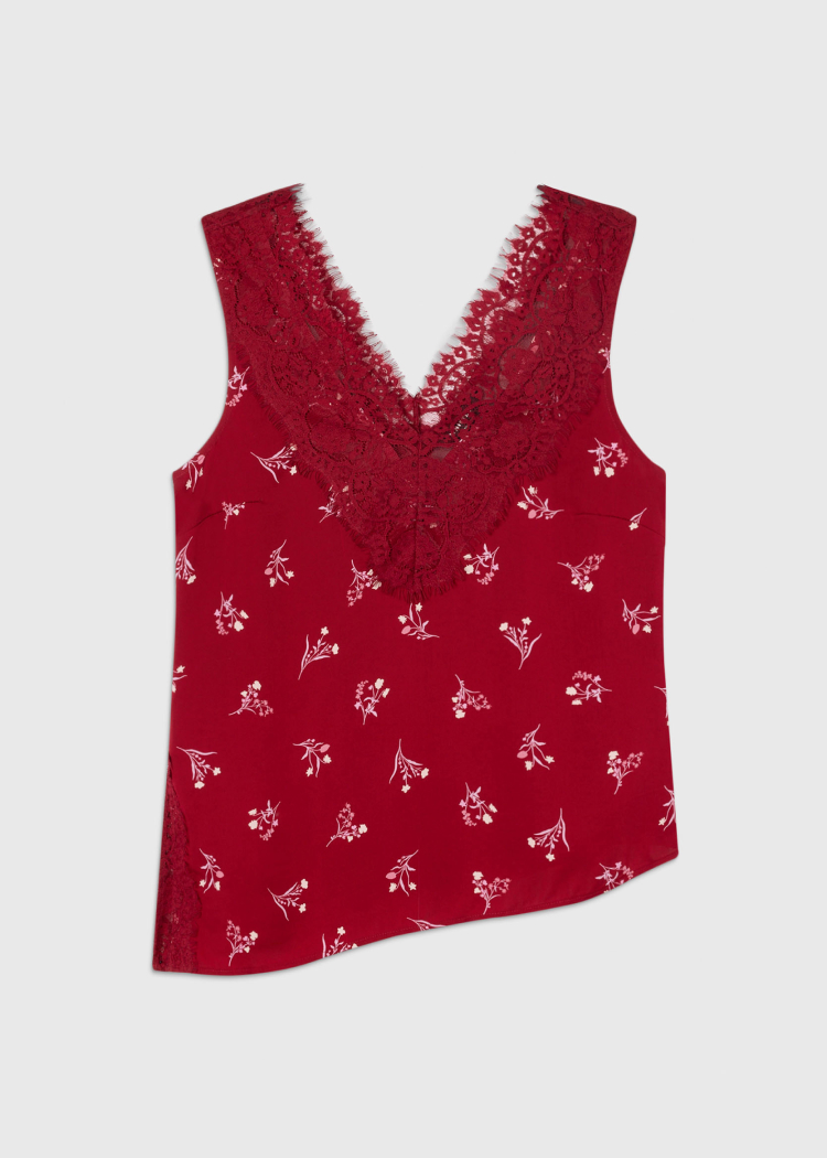 Burgundy Floral Lace Trim Top