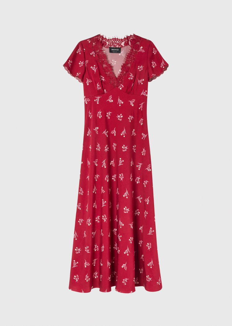 Burgundy Floral Lace Trim Midi Dress