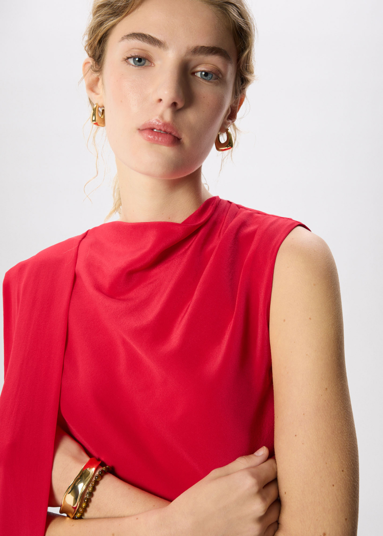 Red Cowl Neck Silk Drape Top