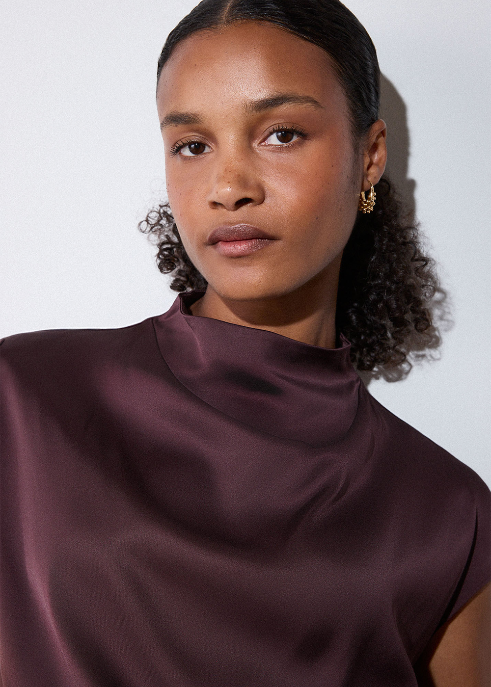 Burgundy Cowl Neck Satin Sleeveless Top