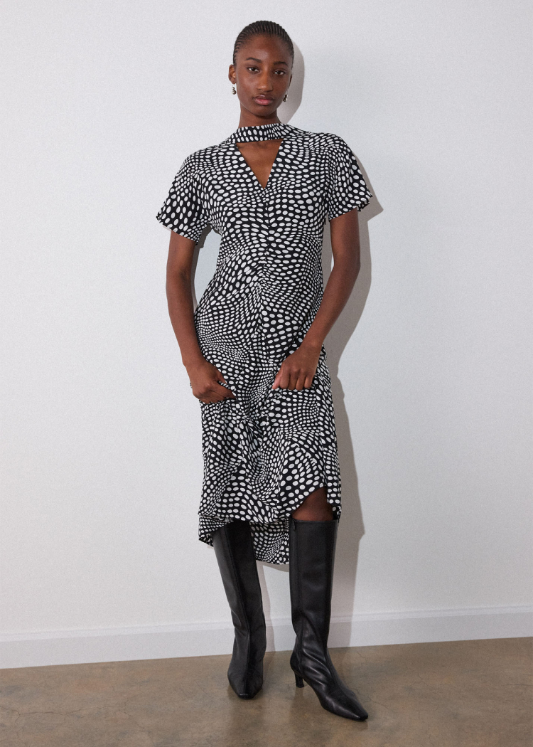 Black Mixed Spot V Neck Midi Dress