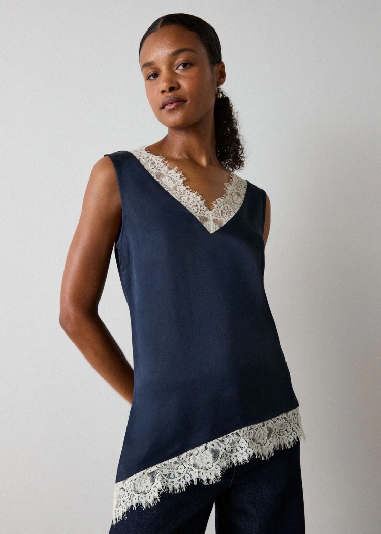 Navy Lace Trim Satin Cami Top