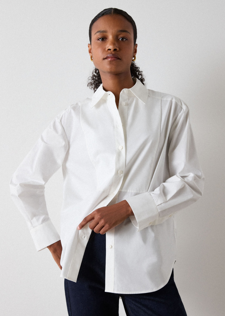 White Bib Detail Cotton Poplin Shirt