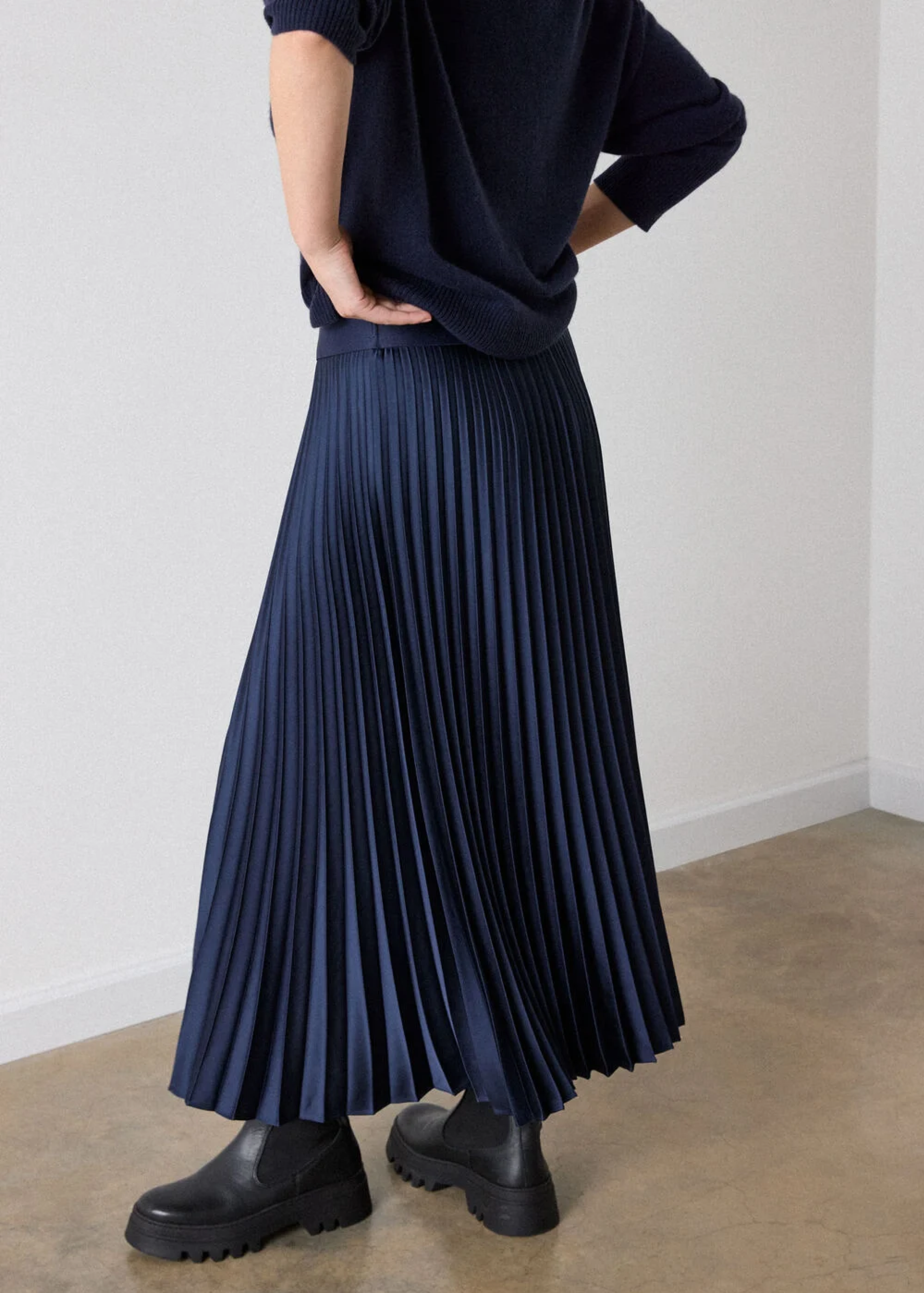 Navy Satin Pleated Midi Skirt