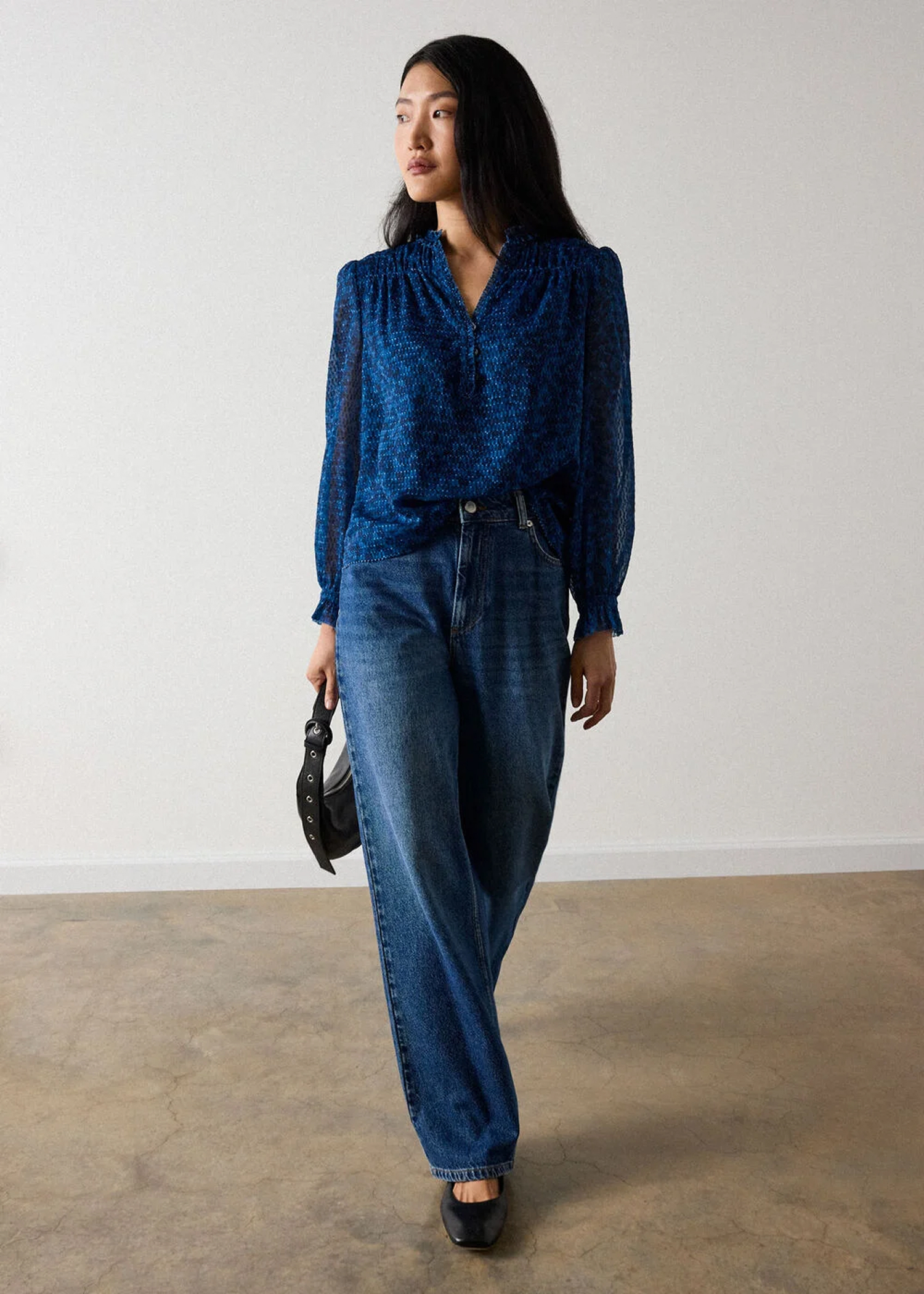 Blue Floral Textured V Neck Blouse