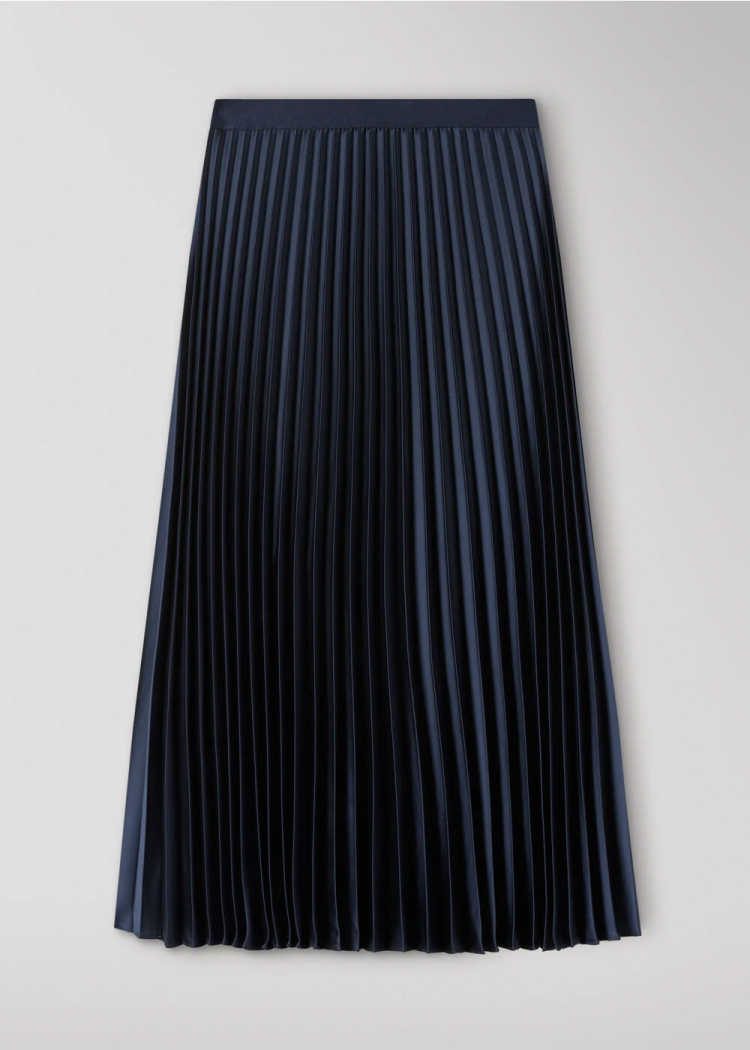 Navy Satin Pleated Midi Skirt
