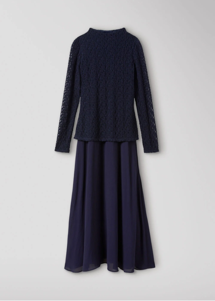 Navy Textured Drop Waist Midi Dress