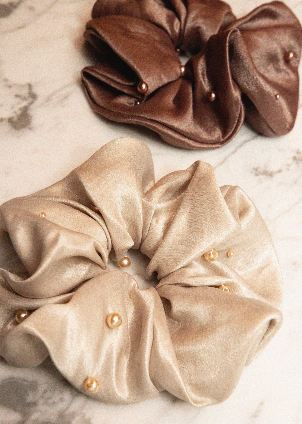 Brown Large Beaded Scrunchie