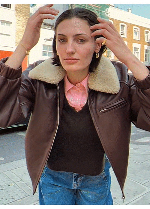 Burgundy Shearling Trim Leather Bomber