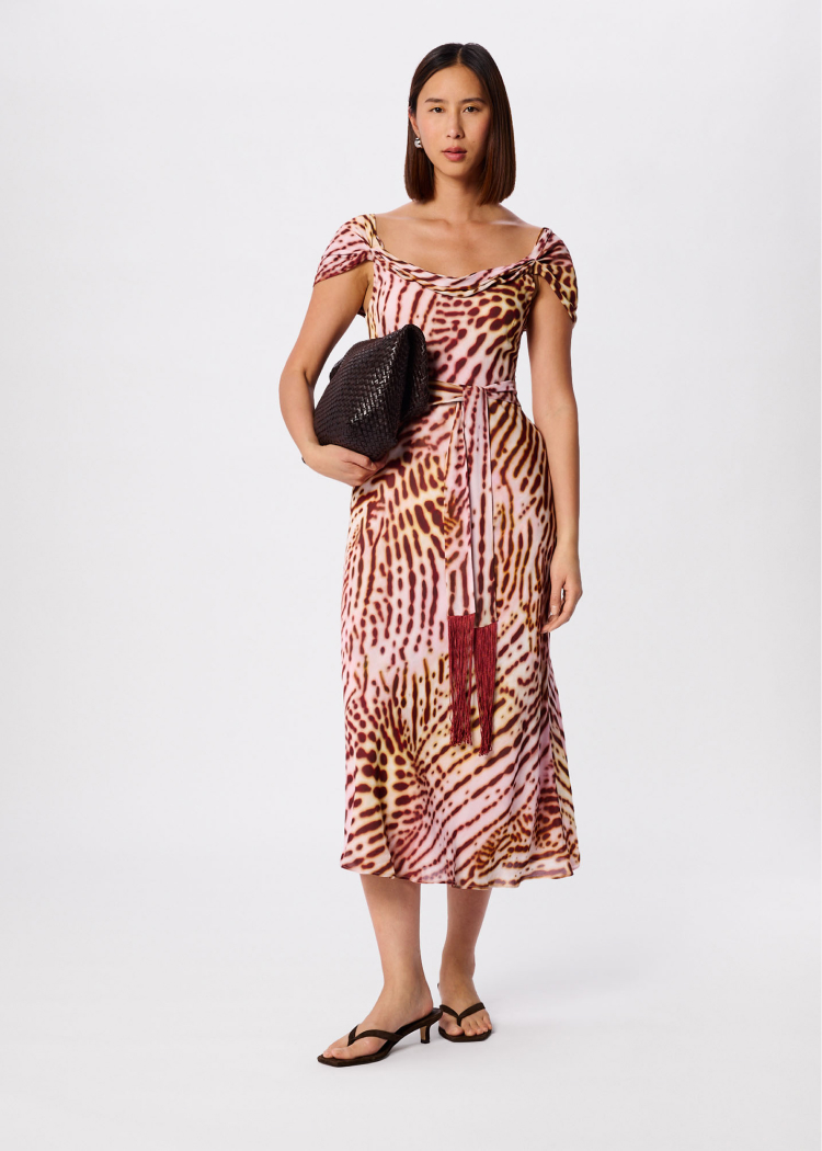 Pink Orchid Print Scarf Midi Dress